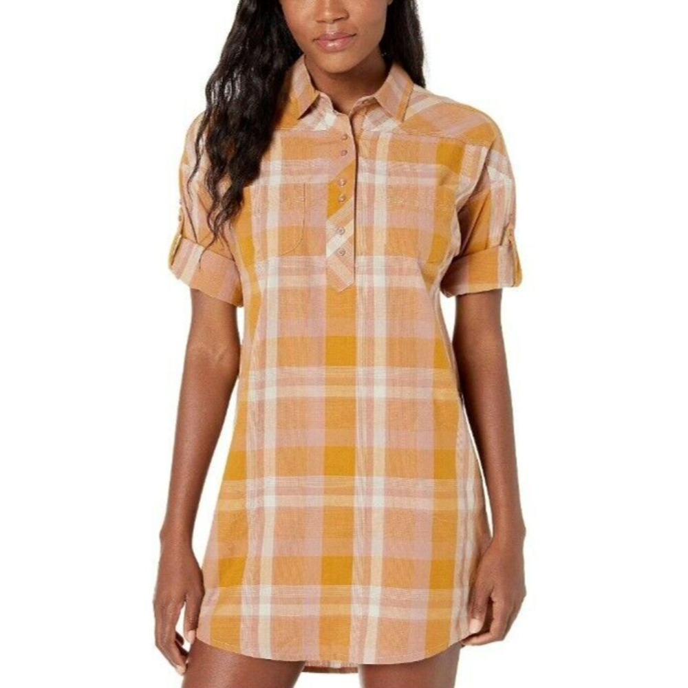 PrAna Deryn Champagne Plaid Roll Tab Sleeve Dress Large Active Camping Outdoors